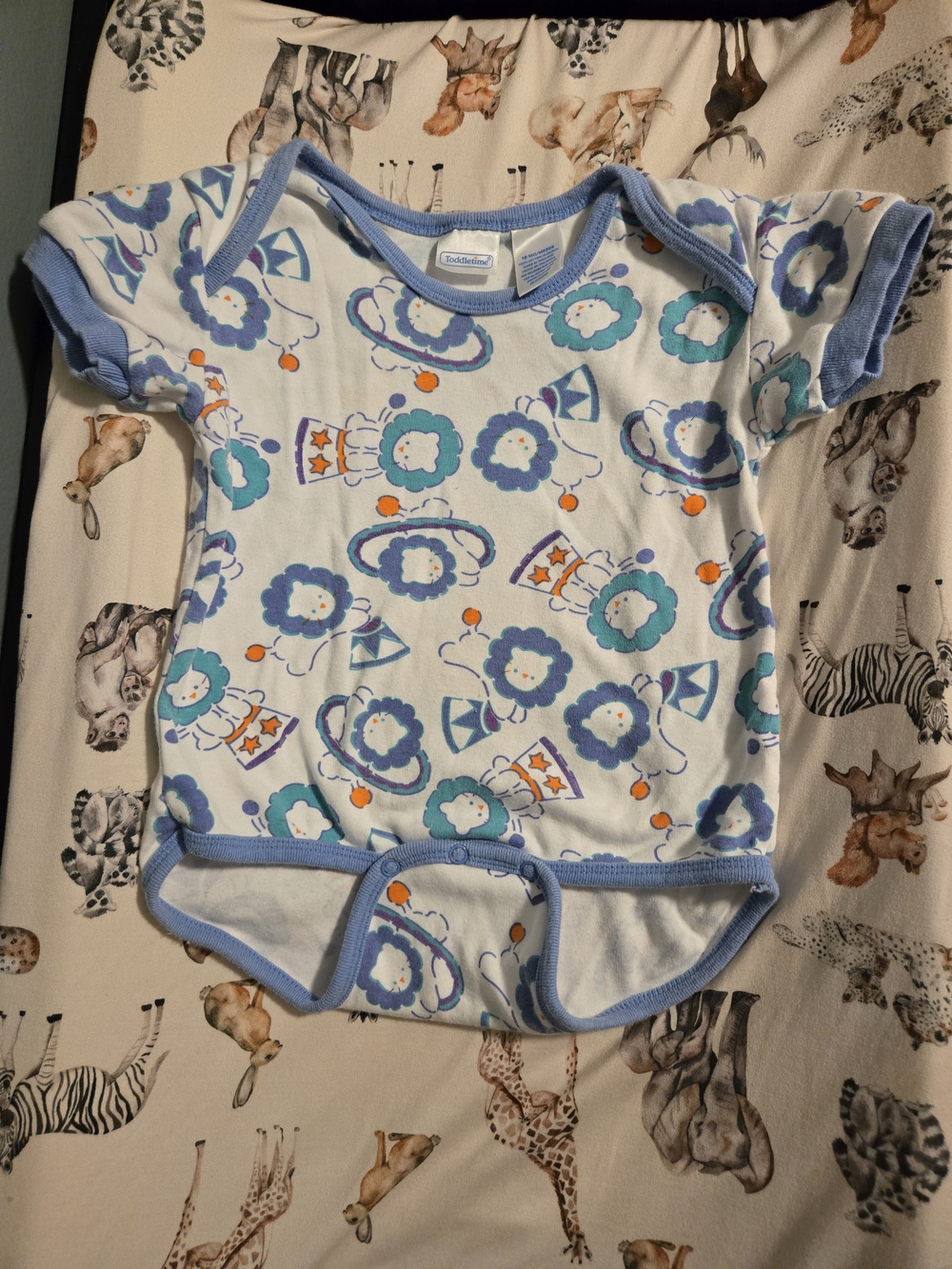 Vintage Toddletime Blue & White Circus Lion Print One-Piece Bodysuit